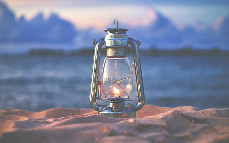 old iron lantern, evening, sunset, sand, gas lamp, mood concepts, HD wallpaper