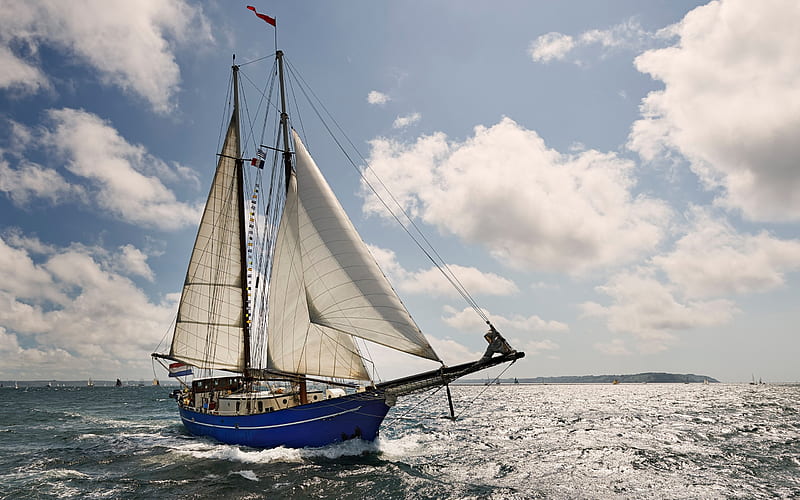 sailboat, white sails, seascape, Netherlands, walking on the sea, HD wallpaper
