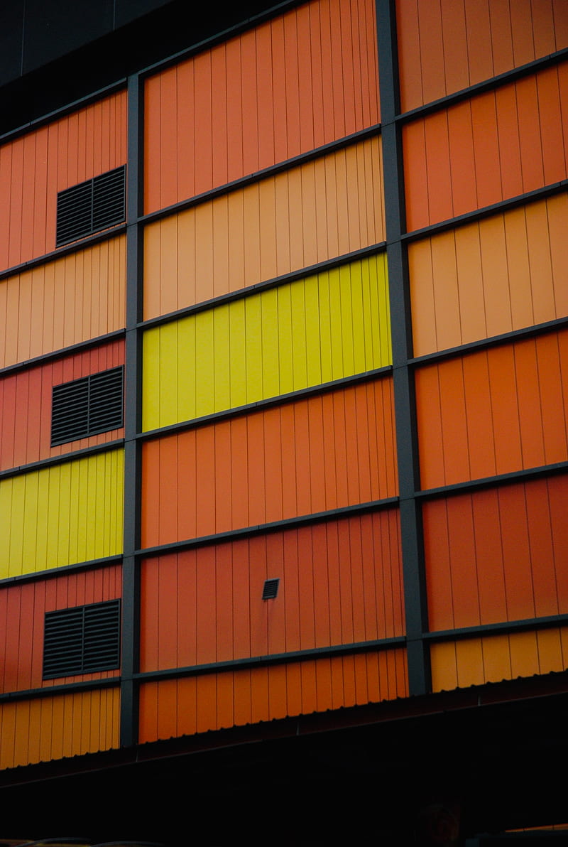 building, facade, metal, metallic, orange, HD phone wallpaper