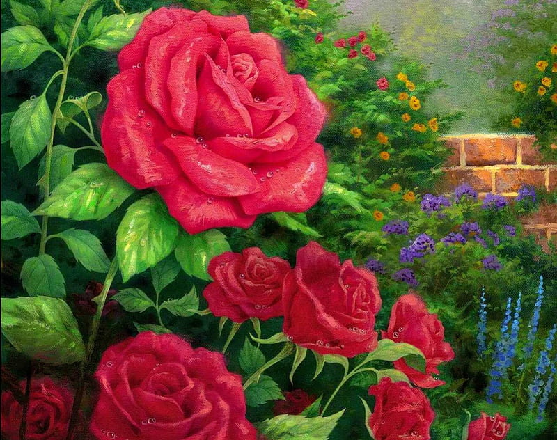Perfect red roses, fence, red, pretty, perfect, bonito, fragrance, leaves, nice, painting, art, lovely, greenery, scent, delicate, roses, summer, garden, nature, HD wallpaper