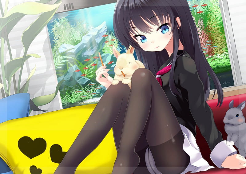 How cute, blush, game, pants, bonito, animal, nice, anime, rabbits, beauty, anime girl, room, long hair, blue eyes, black hair, rabbit, female, skirt, sexy, cute, cool, uniform, awesome, HD wallpaper