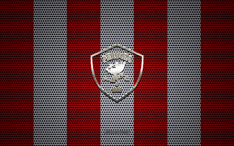 AC Perugia Calcio logo, Italian football club, metal emblem, red and white metal mesh background, AC Perugia Calcio, Serie B, Perugia, Italy, football, HD wallpaper