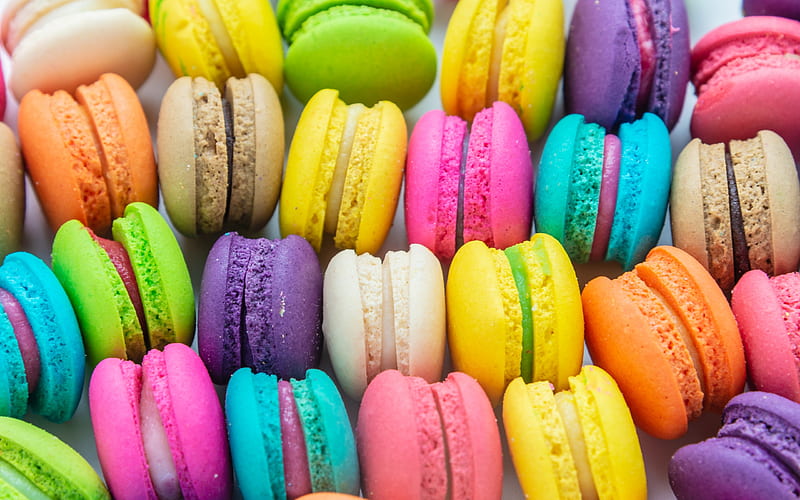 Macaroons, macaroon, texture, dessert, food, sweet, colorful, blue, purple, pink, yellow, cookies, HD wallpaper