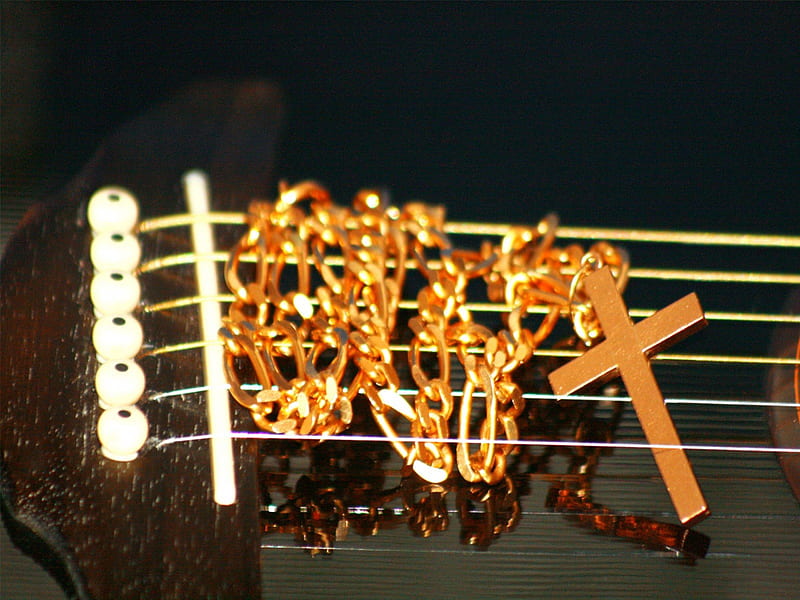 Guitar G, religious cross, gold cross, guitar, guitar strings, guitar gold music cruz, cross, HD wallpaper