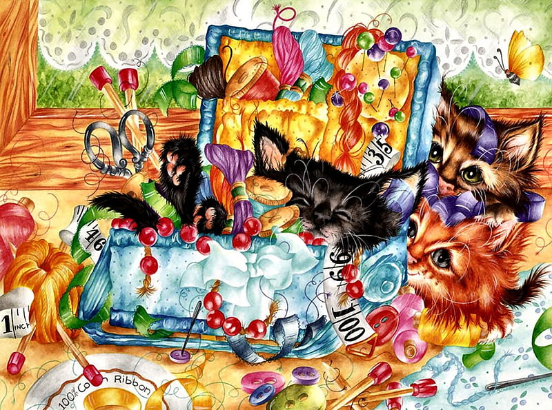 Sewing Kittens - Cat F, sewing kit, art, thread, bonito, cat, artwork, animal, pet, feline, butterfly, painting, wide screen, HD wallpaper
