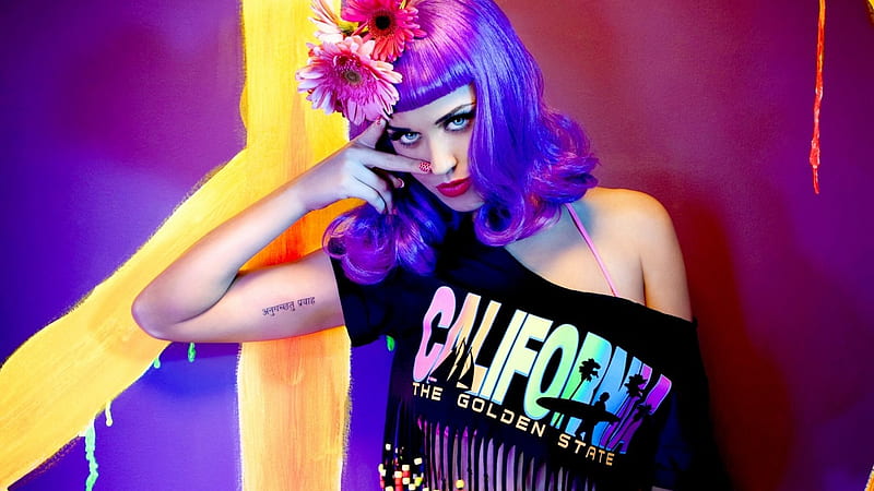 katy perry, pretty, female, singer, sexy, graphy, purple, bright, wig, funny, HD wallpaper