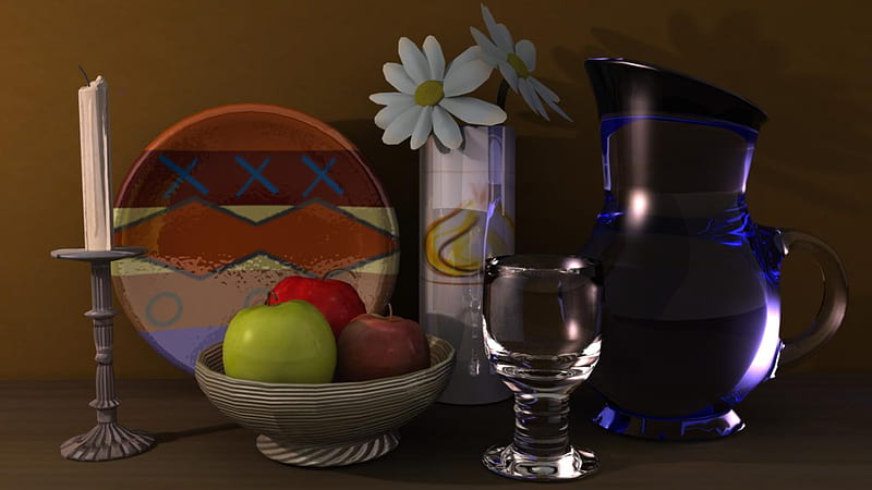 Still Perfect, glass, vases, apples, plate, blue pitcher, candleholder, bowl, HD wallpaper