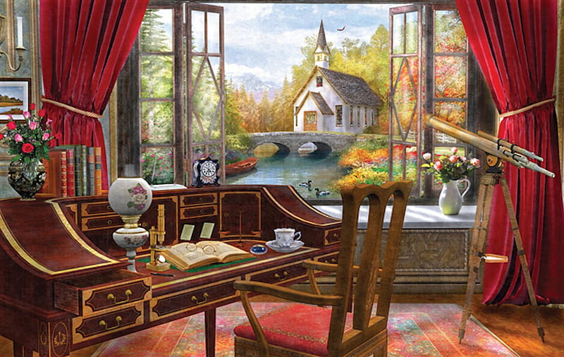 Study View, study, office, view, ducks, church, water, bridge, flowers, desk, HD wallpaper