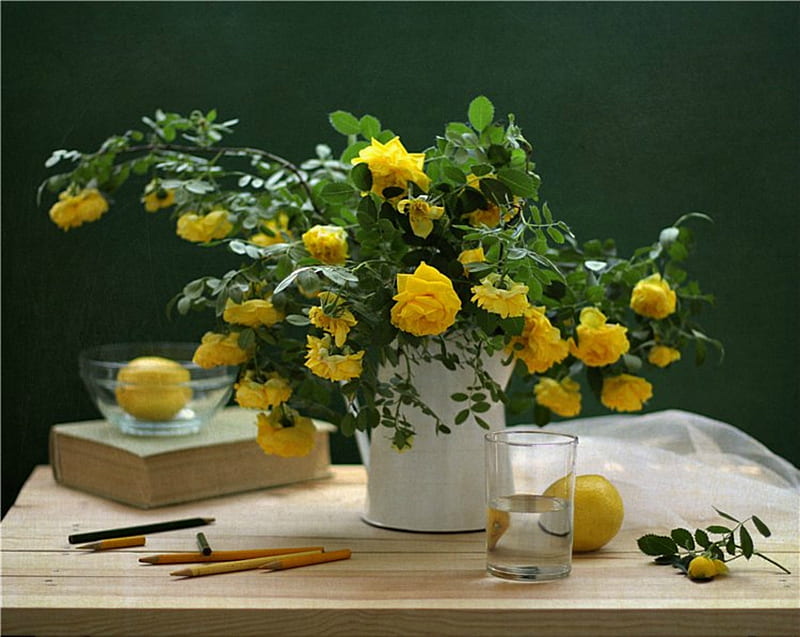 Tea Roses, white pitcher, table, white fabric, book, roses, still life, glass, flowers, lemons, bowl, HD wallpaper