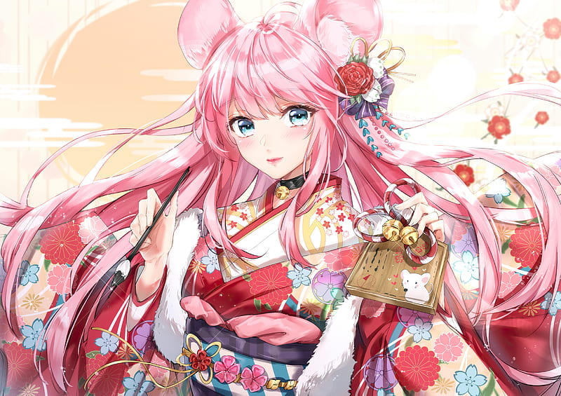 Anime, Original, Blue Eyes, Kimono, Long Hair, Pink Hair, HD wallpaper