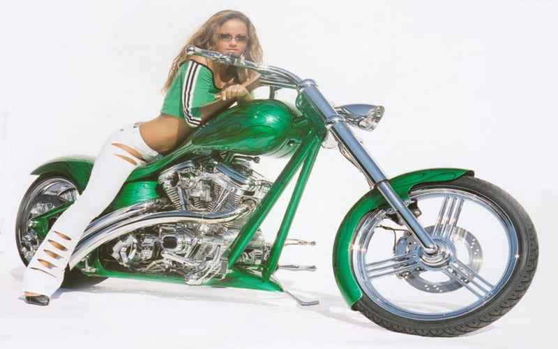 Green With Envy, model, bike, harley, motorcycle, chopper, HD wallpaper