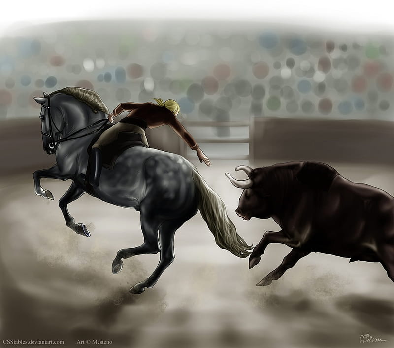 Confrontation, square, gris, andalusian, bull, horses, spanish, HD wallpaper