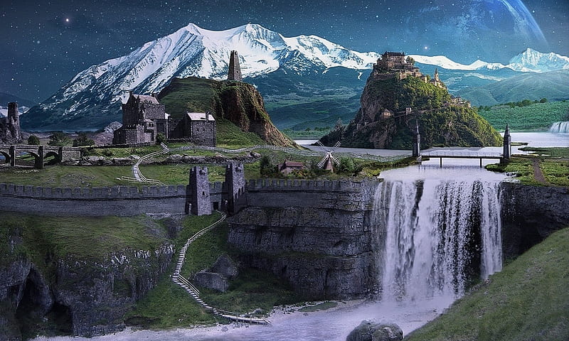 Star Land, gate, stars, homes, sky, castles, bridge, mountains, waterfall, wind mill, HD wallpaper