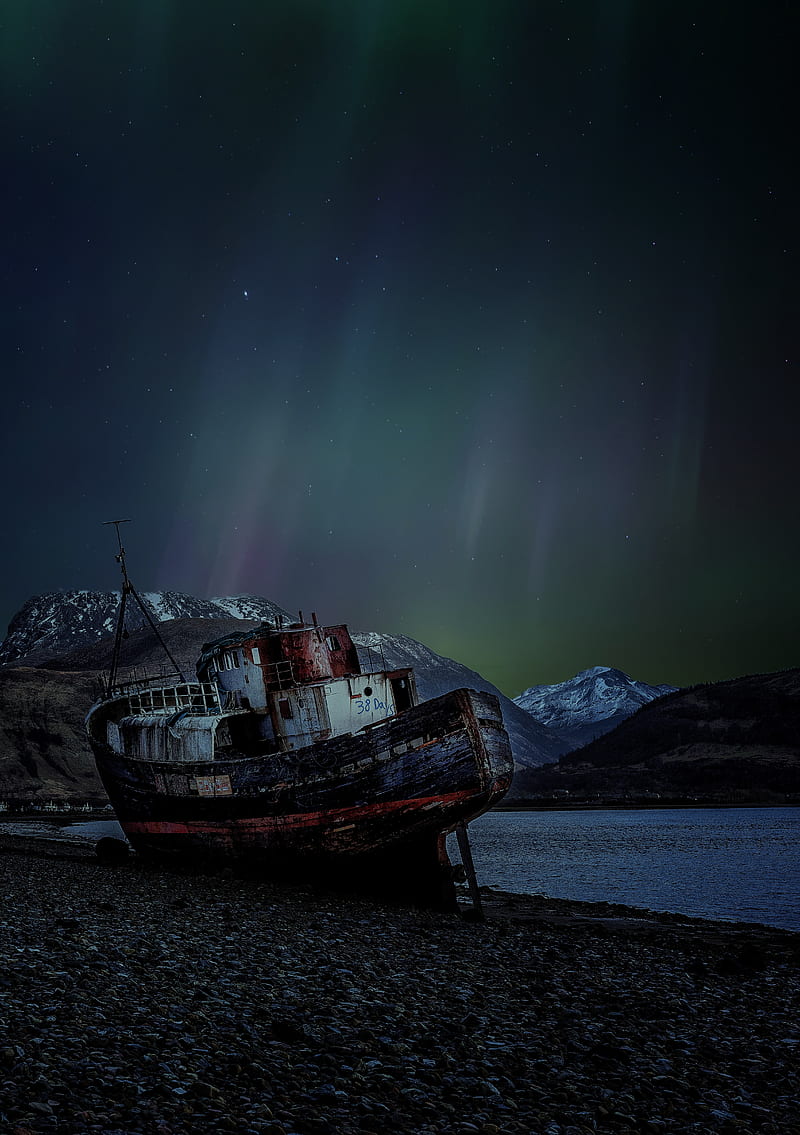 wrecked ship, rusty, northern lights, aurora, Nature, HD phone wallpaper