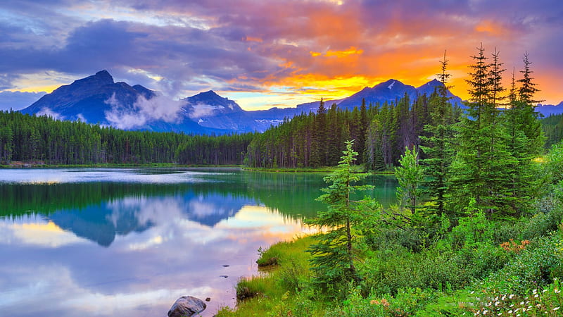 Herbert Lake, Banff National Park, alberta, mountains, sunset, trees, clouds, sky, canada, HD wallpaper