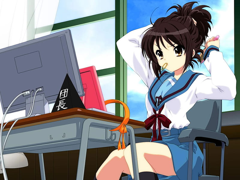 Megane anime girl, black hair, computer, room, Anime, HD wallpaper