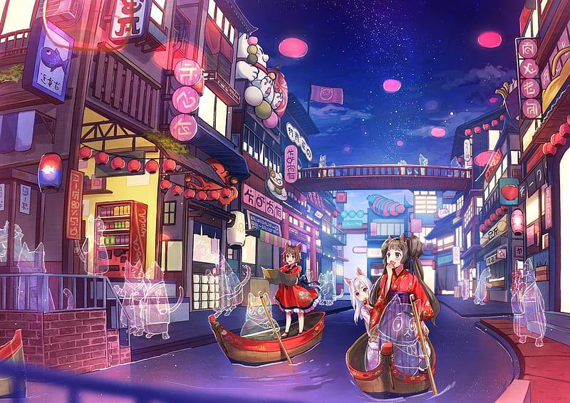 anime girls, festival, boat, canal, buildings, yukata, ghosts, Anime, HD wallpaper