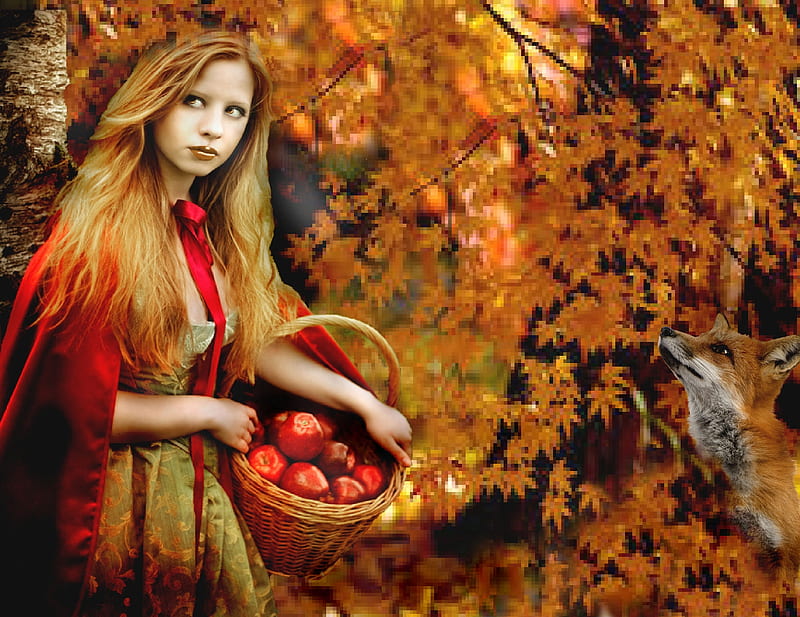 Autumn Harvest, artistic, pretty, autumn, stunning, bonito, woman, women, leaves, feminine, gorgeous, harvest, lovely, apples, trees, creative, girl, fox, fall colors, HD wallpaper