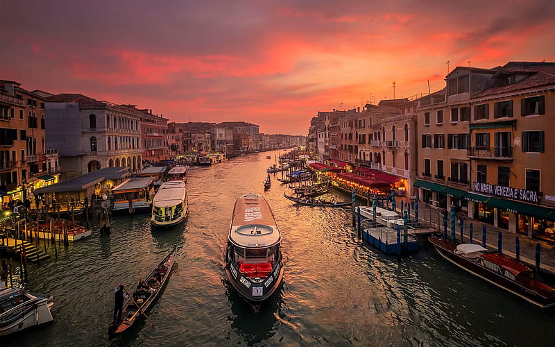 Venice, canal, evening, sunset, city on the water, boats, Venice panorama, Italy, HD wallpaper