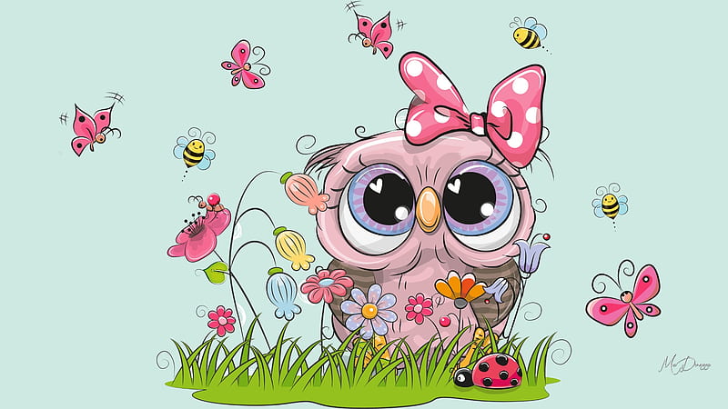 Sweetheart Owl, Firefox theme, owl, grass, butterflies, spring, sweetheart, cute, bird, summer, flowers, garden, ladybugs, HD wallpaper