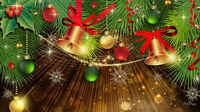 Bells of the Holidays, stars, feliz navidad, glow, christmas, new years, shine, colors, xmas, bokeh, gold, decorations, bright, fir, bells, spruce, HD wallpaper