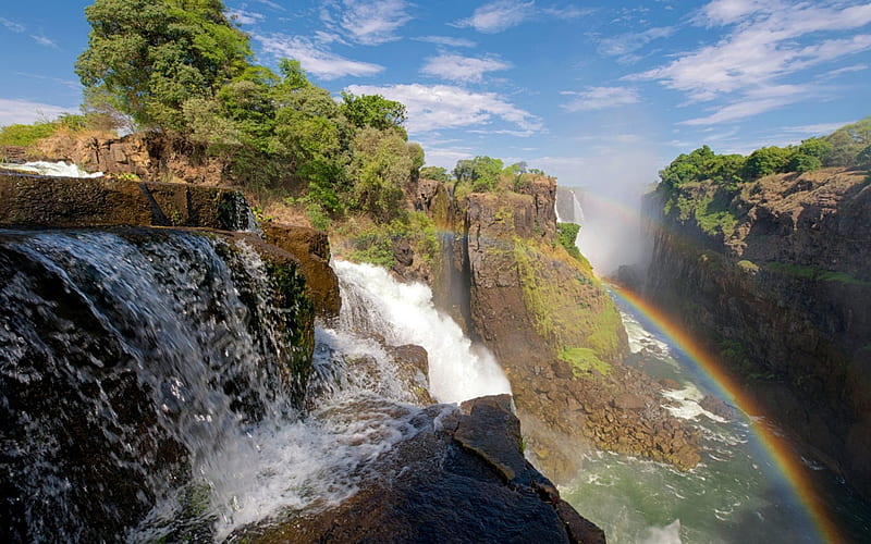 rainbow at victoria falls gorge, cliffs, gorge, rainbow, trees, waterfalls, HD wallpaper