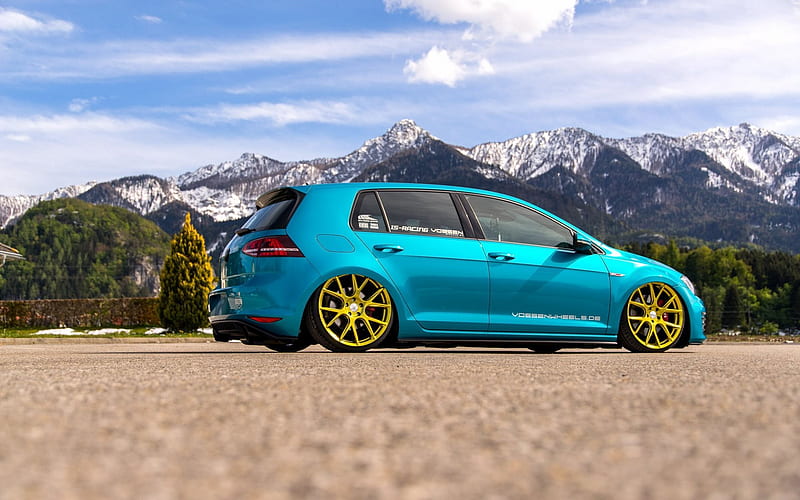 Volkswagen golf, GTI, tuning MK7, tuning Volkswagen, bright blue golf, yellow wheels, HD wallpaper