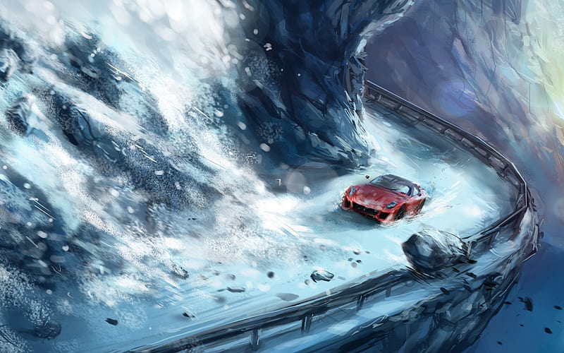 red supercar, avalanche, snow, artwork, Vehicle, HD wallpaper