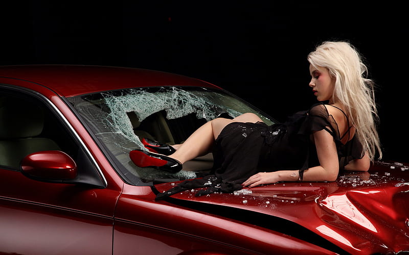 Accident, red, dress, car, black, blonde, woman, HD wallpaper