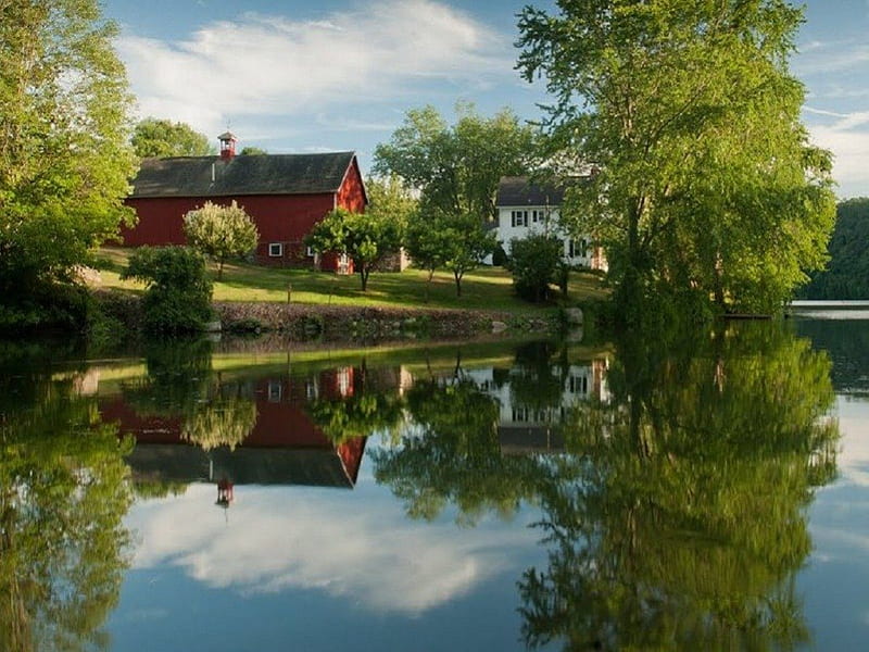 Indian Valley Farm, New Milford, Connecticut, architecture, house, grass, trees, sky, clouds, lake, daylight, water, day, nature, reflection, field, HD wallpaper