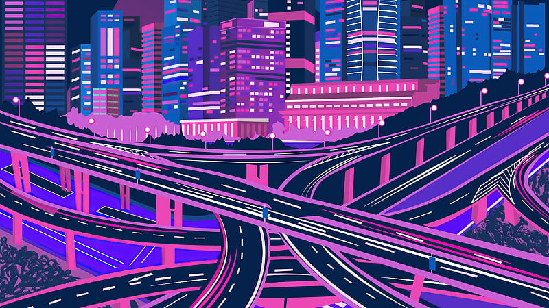 Purple Noen Citycsape , purple, neon, cityscape, minimalism, minimalist, artist, artwork, digital-art, HD wallpaper