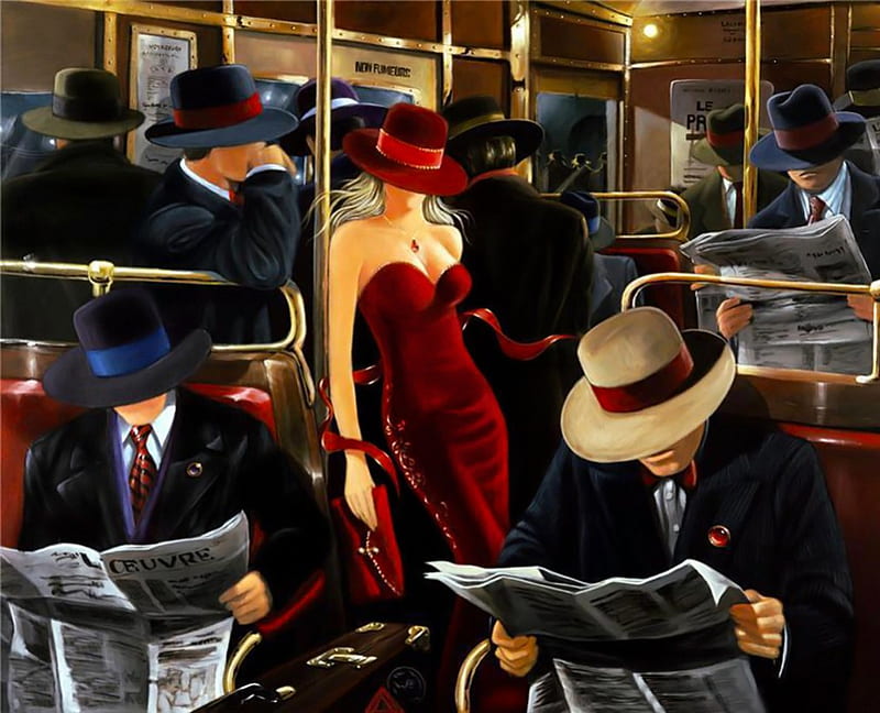 *Into the train*, red, art, dress, hats, galore, from the past, woman, old fashion, 50s, fantasy, train, in, wagon, men, style, HD wallpaper