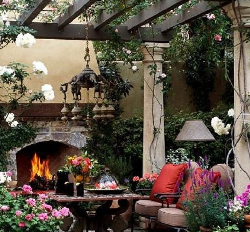 Terrace with fireplace and pergola, architecture, fireplace, house, terrace, pergola, HD wallpaper