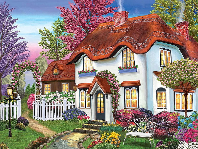 Cosy Cottage, garden, flowers, colours, cottage, painting, HD wallpaper