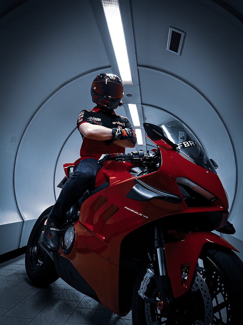 ducati, motorcycle, bike, red, motorcyclist, helmet, tunnel, HD phone wallpaper