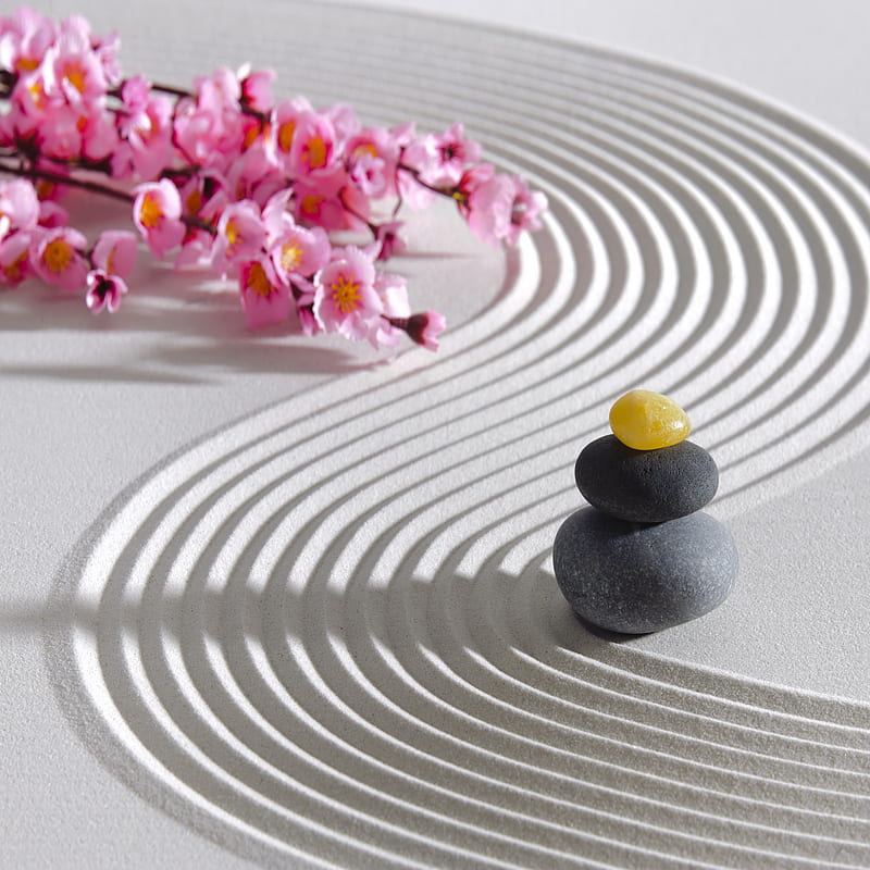 Zen Garden, flowers, sand, stones, HD phone wallpaper