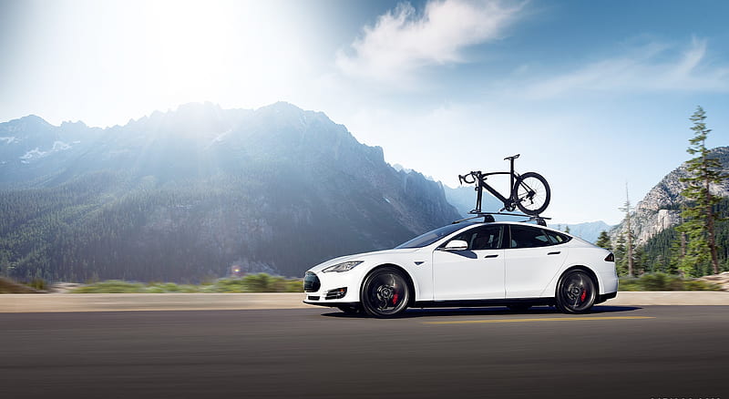 2015 Tesla Model S P85D White with a Bike Roof Rack - Side , car, HD wallpaper