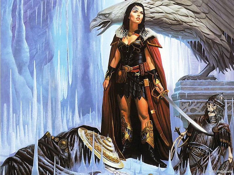 Woman Warrior, fantasy, warrior, eagle, stong, woman, blue, HD wallpaper