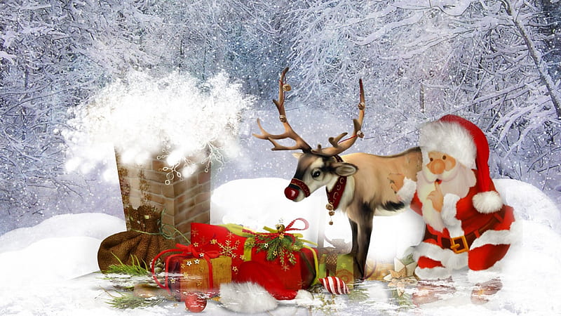 Santa and His Reindeer, saint nicholas, christmas, bag, st nick, trees, santa claus, winter, rooftop, snowing, snow, presents, reindeer, chimney, gifts, HD wallpaper