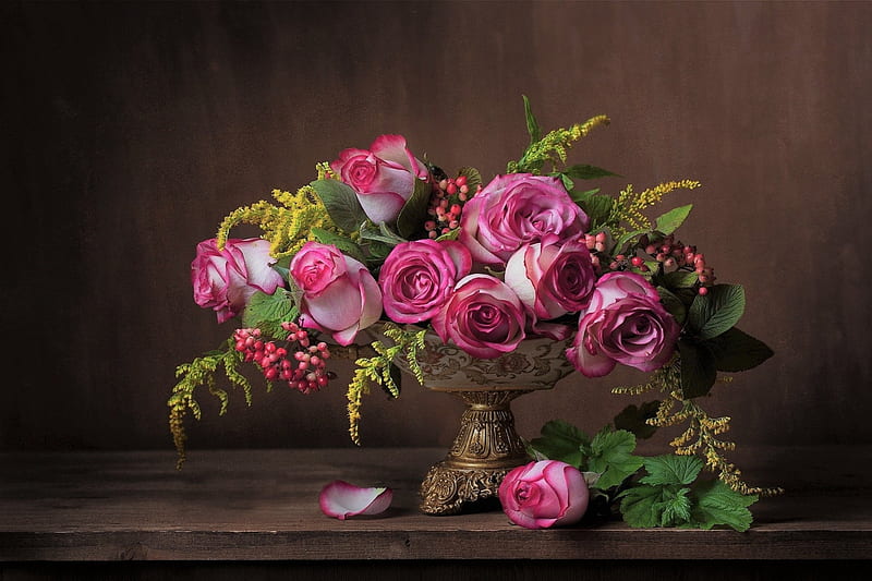 Rose, flower, vase, bench, HD wallpaper