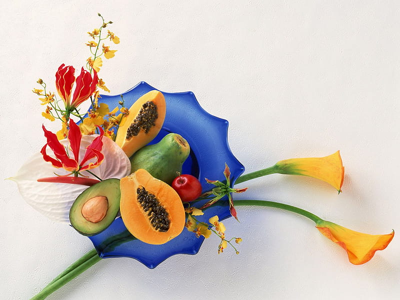 Fruit and Flowers, apple, avocado, lily, yellow, papaya, pawpaw, blue, bowl, HD wallpaper