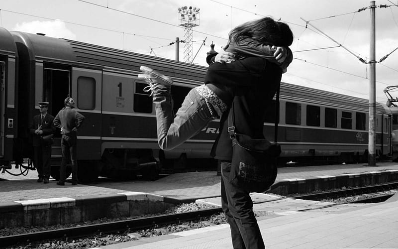 young couple at the train station, station, conductor, train, couple, HD wallpaper