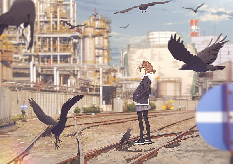 anime girl, industrial area, railway, crows, scenery, hoodie, Anime, HD wallpaper