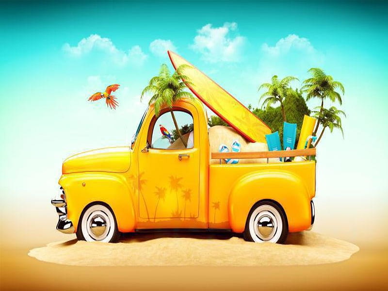 Road trip summer, Palm trees, Luggage, Surf board, Car, HD wallpaper