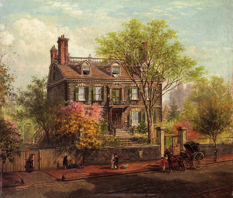 John Hancock House, children, cart, home, village, trees, horse, vintage, HD wallpaper