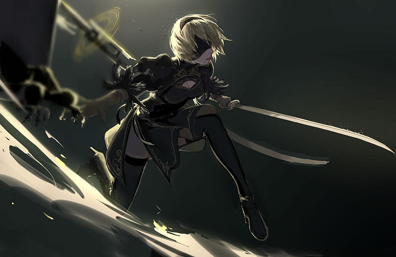 2b, pretty, female, dress, boots, white hair, black, bonito, woman ...