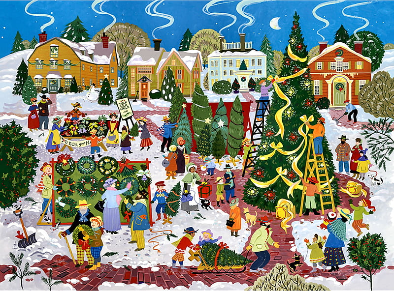 Christmas Tree Festival C, Christmas, festival, art, holiday, December, bonito, illustration, artwork, winter, snow, painting, wide screen, occasion, scenery, HD wallpaper