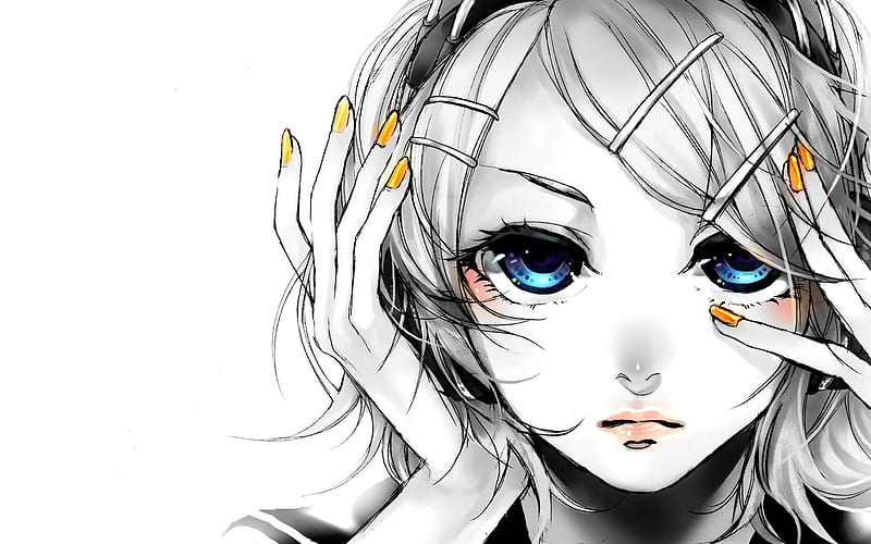 Kagamine Rin, blue eyes, artwork, manga, Vocaloid, HD wallpaper