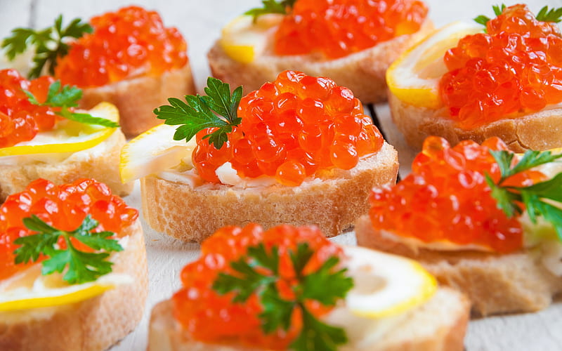 red caviar, fish dishes, fish snacks, caviar, sandwiches with red caviar, HD wallpaper