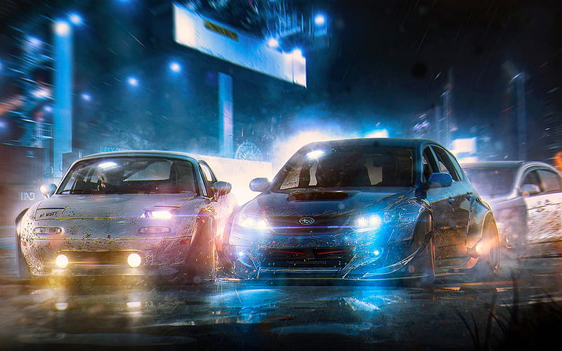 Mazda MX-5, Subaru Impreza WRX STI, night, art, race, Mazda, Subaru, japanese cars, HD wallpaper